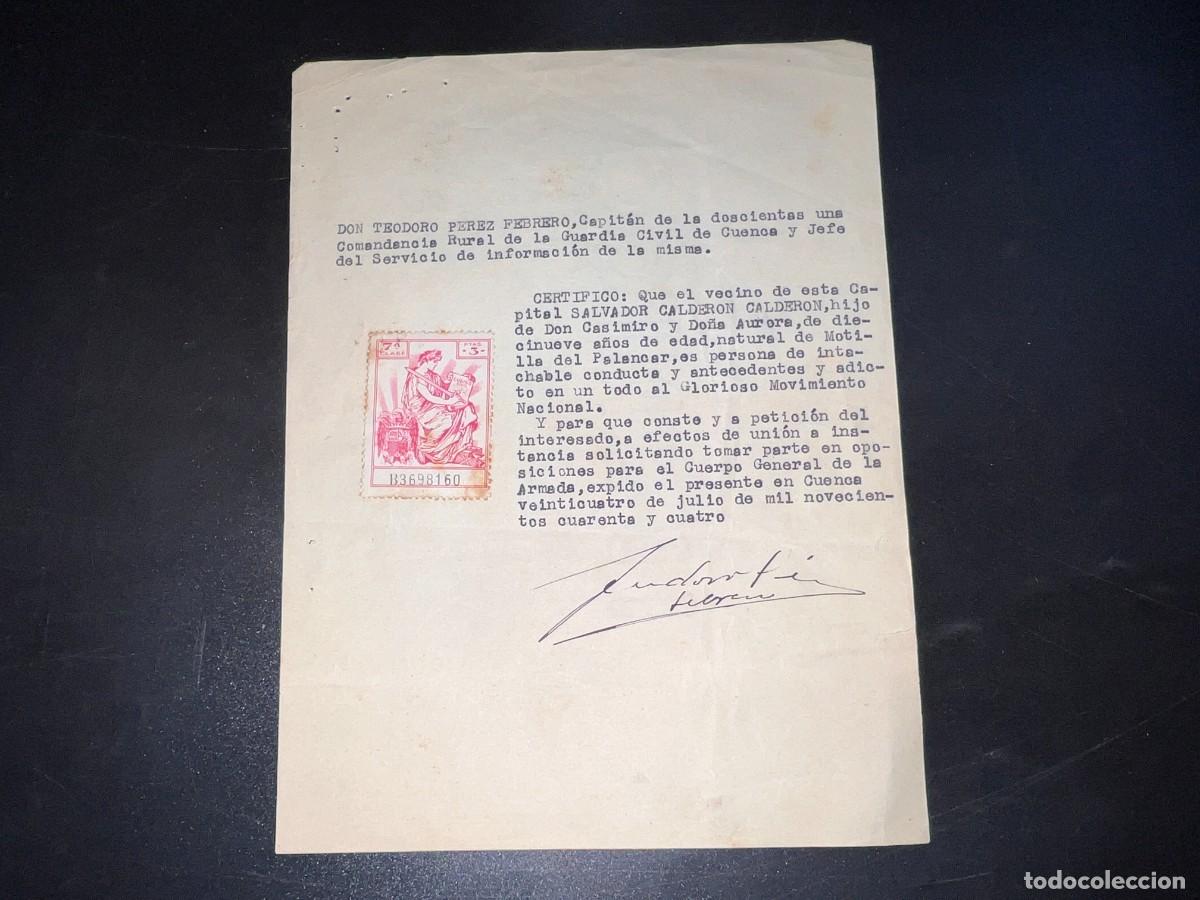 Documenti antichi: CUENCA - MOTILLA DEL PALANCAR, 1944. GUARDIA CIVIL. CERTIFICADO DE BUENA CONDUCTA