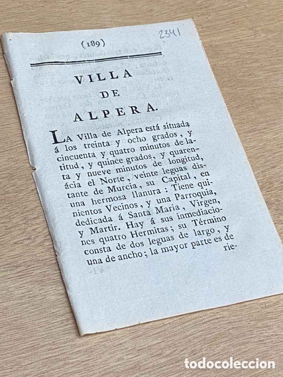 Old Documents: DESCRIPCI&Oacute;N DE LA VILLA DE ALPERA DEL A&Ntilde;O 1778. ORIGINAL. MURCIA