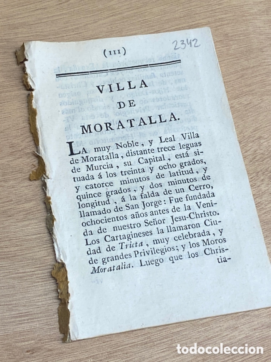 Old Documents: DESCRIPCI&Oacute;N DE LA VILLA DE MORATALLA DEL A&Ntilde;O 1778. ORIGINAL. MURCIA