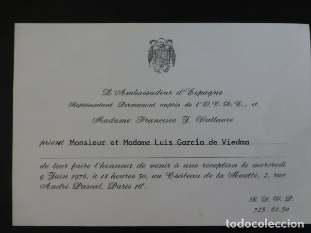 Documentos antigos: INVITACION LUIS GARCIA VIEDMA TARJETA RECEPCION EMBAJADOR ESPA&Ntilde;A ANTE LA O.C.D.E. 1976