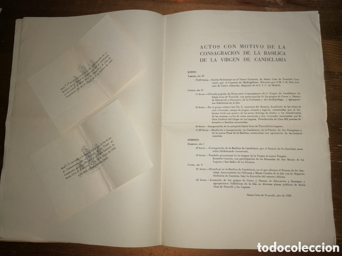 Documentos antiguos: PROGRAMA DE ACTOS DE LA CONSAGRACI&Oacute;N DE LA BAS&Iacute;LICA DE LA VIRGEN DE CANDELARIA. 1959 - Foto 2