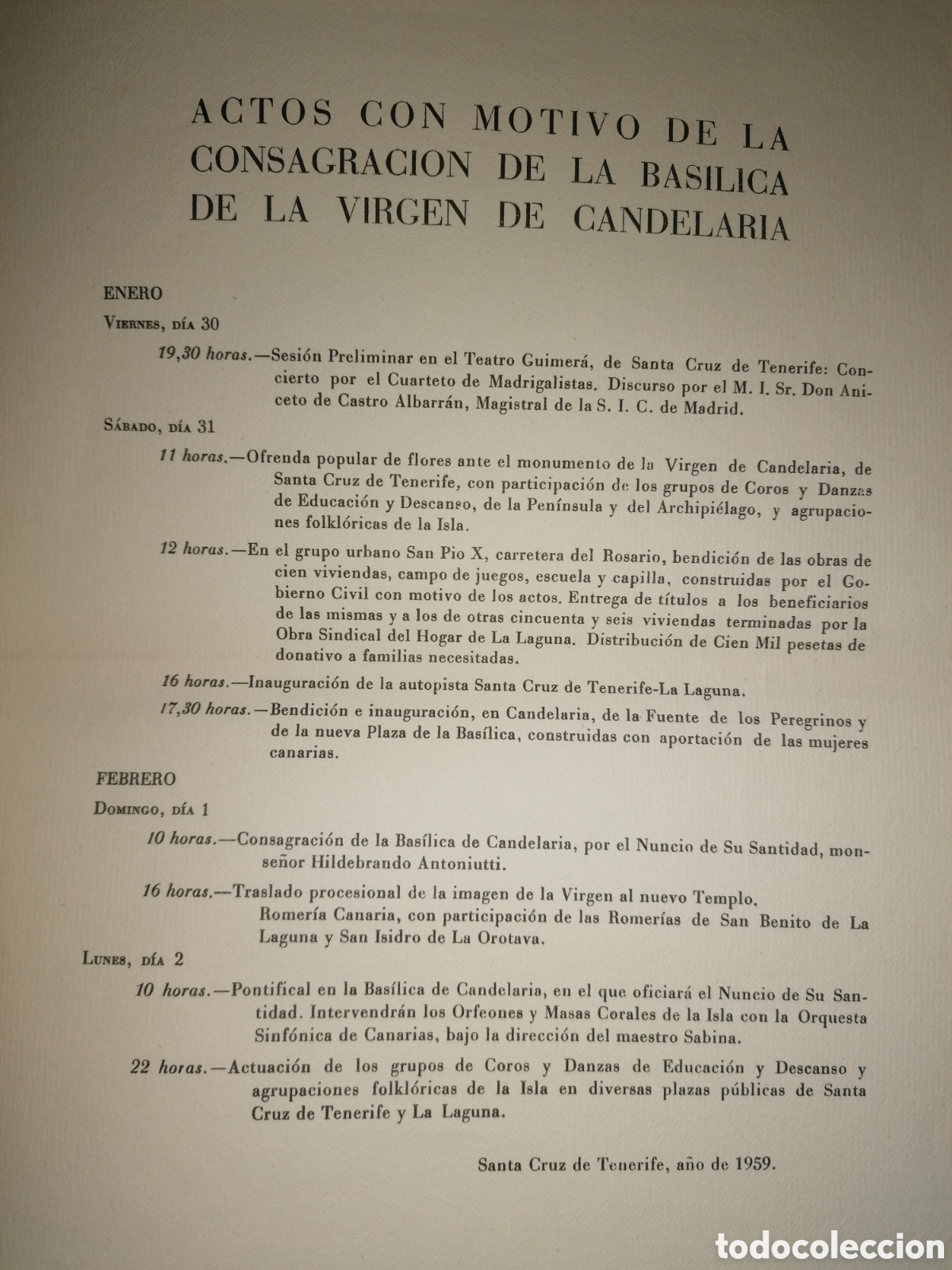 Documentos antiguos: PROGRAMA DE ACTOS DE LA CONSAGRACI&Oacute;N DE LA BAS&Iacute;LICA DE LA VIRGEN DE CANDELARIA. 1959 - Foto 3