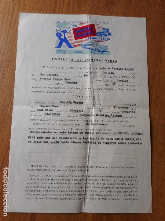 Documentos antiguos: ANTIGUO CONTRATO COMPRA VENTA GARAGE OSARIO FURGONETA SEAT SIATA EN SEVILLA 1966