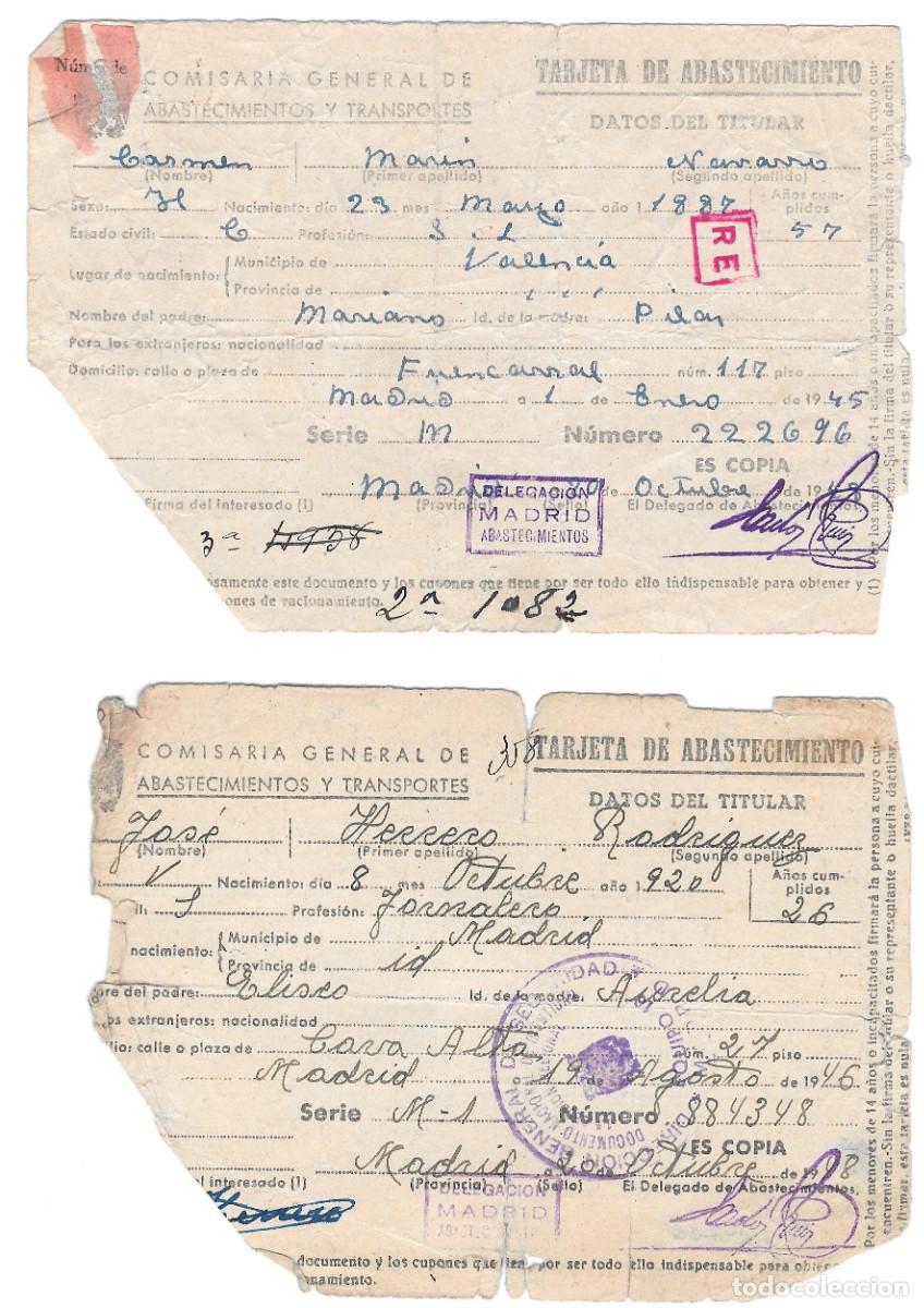 Documentos antiguos: 2 TARJETAS ABASTECIMIENTO A&Ntilde;OS 40 - Foto 1