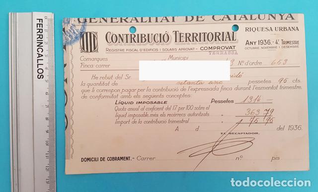 Documents Anciens: RECIBOS 1936 GENERALITAT CATALU&Ntilde;A CONTRIBUCI&Oacute; TERRITORIAL RIQUESA URBANA TERRASA