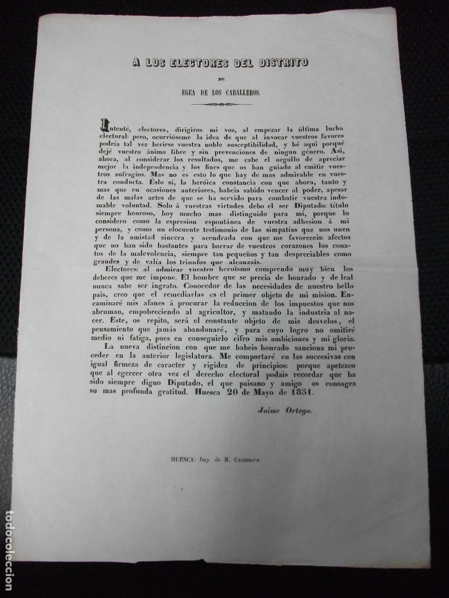 Documentos antiguos: 1851 DOCUMENTO ELECCIONES ARAGON ZARAGOZA EGEA DE LOS CABALLEROS HUESCA GENERAL JAIME ORTEGA
