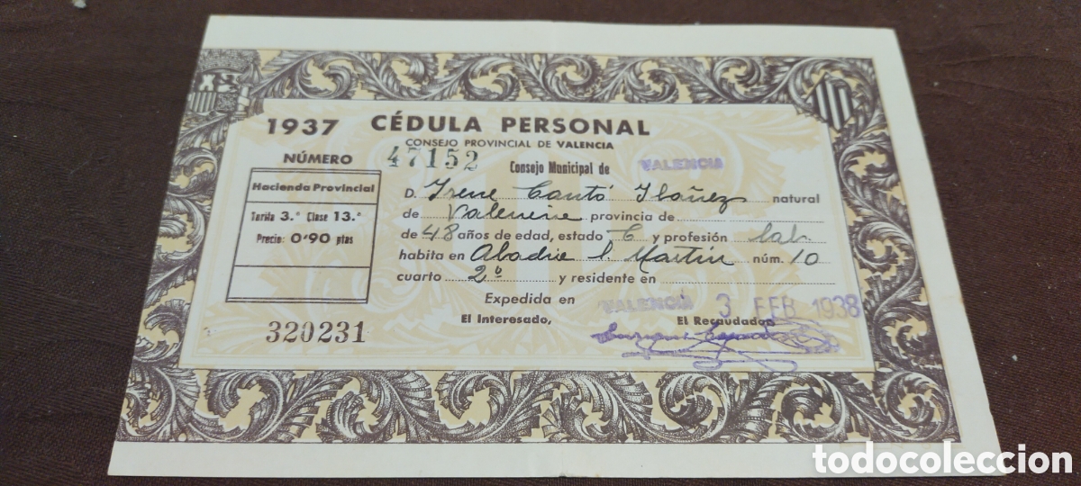 Documentos antiguos: C&eacute;dula personal Valencia - Foto 1