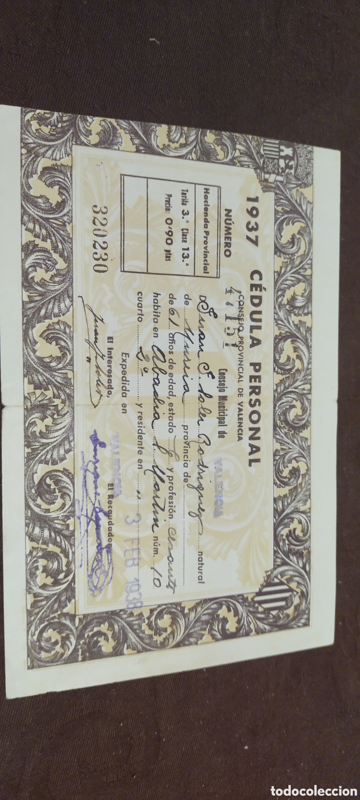 Documentos antiguos: C&eacute;dula personal Valencia - Foto 1