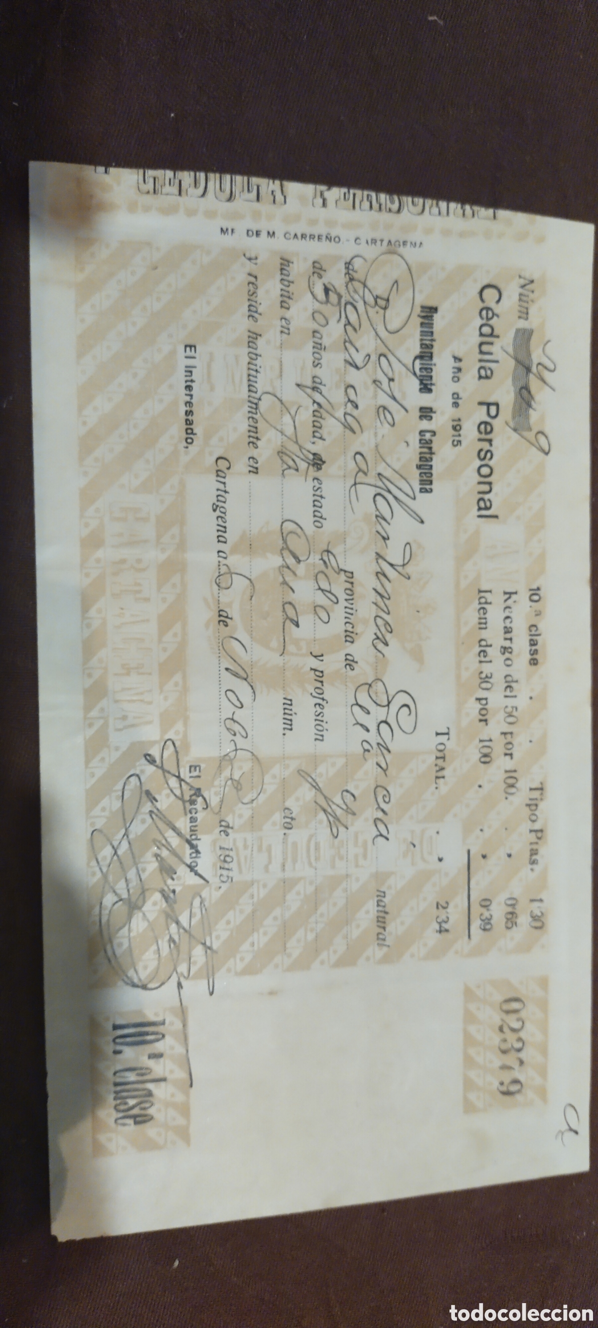 Documentos antiguos: C&eacute;dula personal Cartagena 1915 - Foto 1