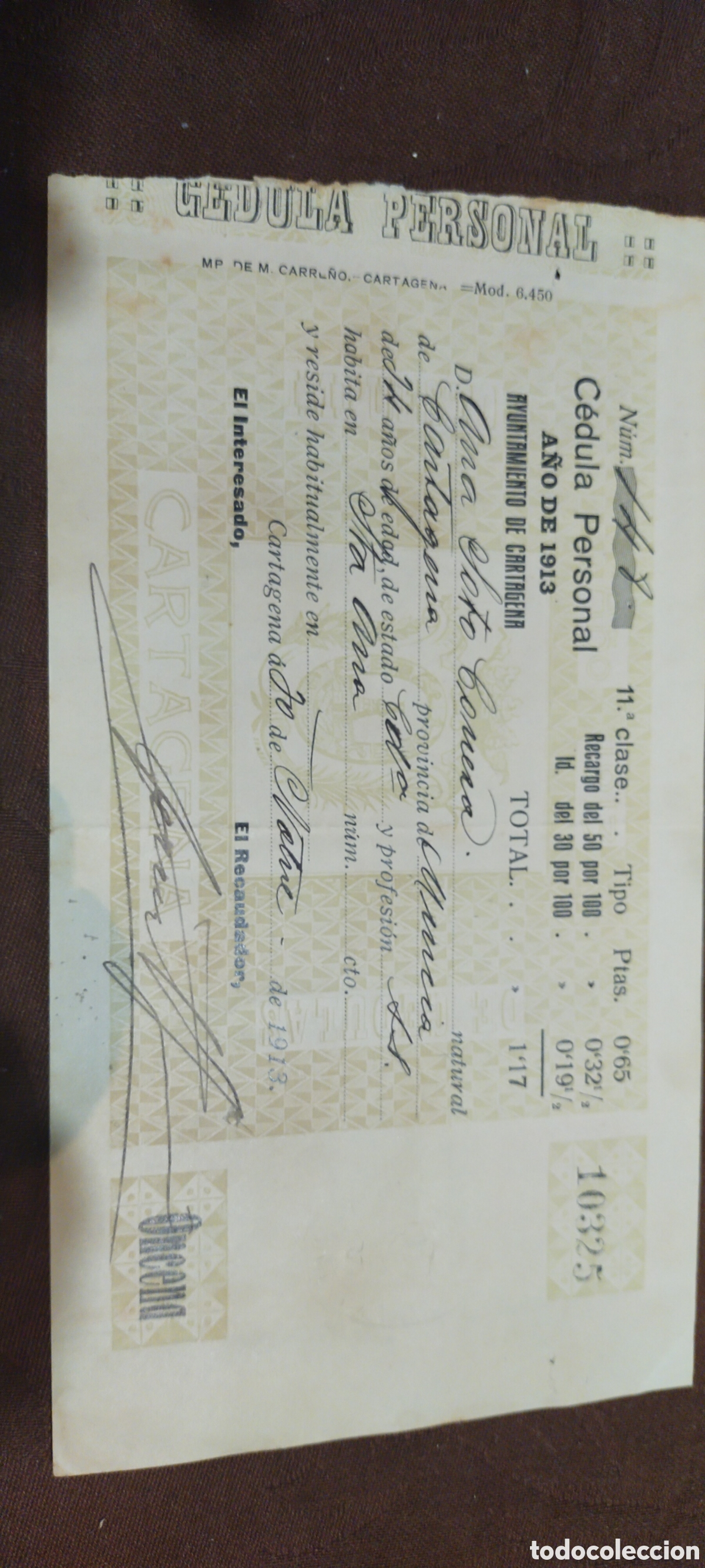 Documentos antiguos: C&eacute;dula personal Cartagena 1913 - Foto 1