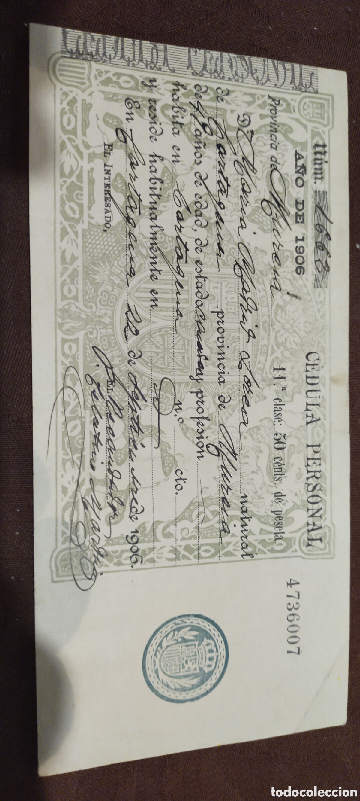 Documentos antiguos: Celdula personal ayuntamiento de Murcia zona Cartagena 1906