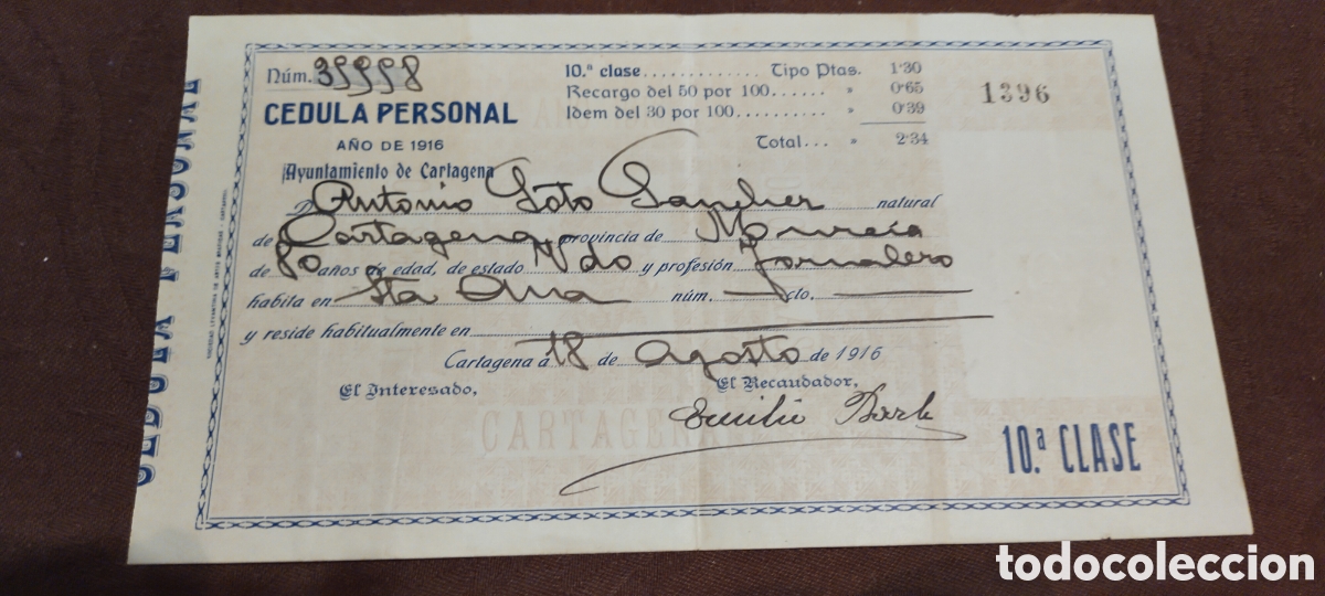 Documentos antiguos: C&eacute;dula personal 1916 ayuntamiento de Cartagena