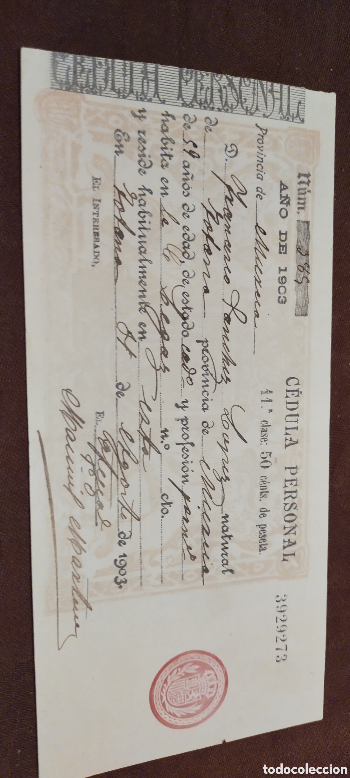 Documentos antiguos: C&eacute;dula personal provincia de Murcia Totana 1903