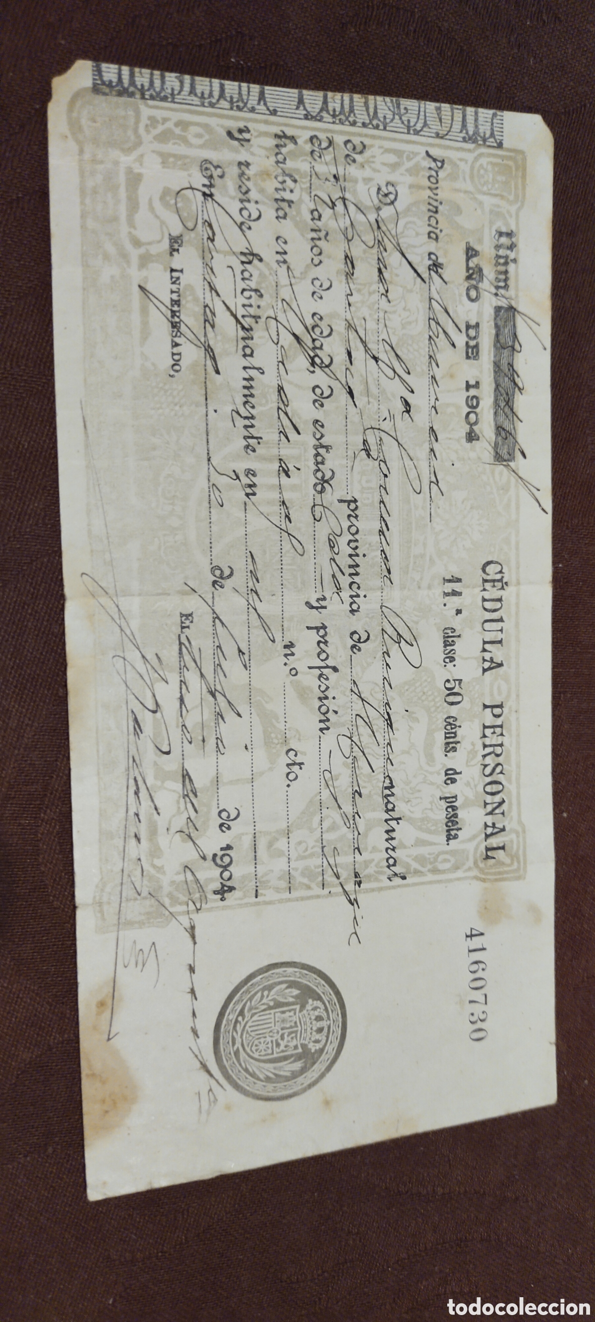 Documentos antiguos: C&eacute;dula personal provincia de Murcia Cartagena 1904 rosique