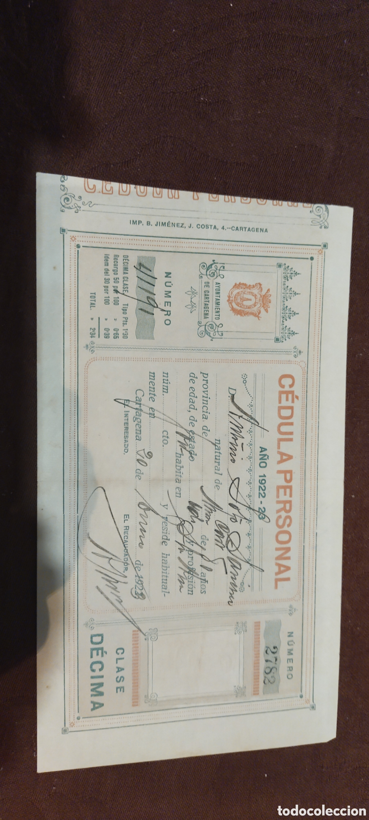 Documentos antiguos: C&eacute;dula personal 1922 Cartagena asegurado - Foto 1