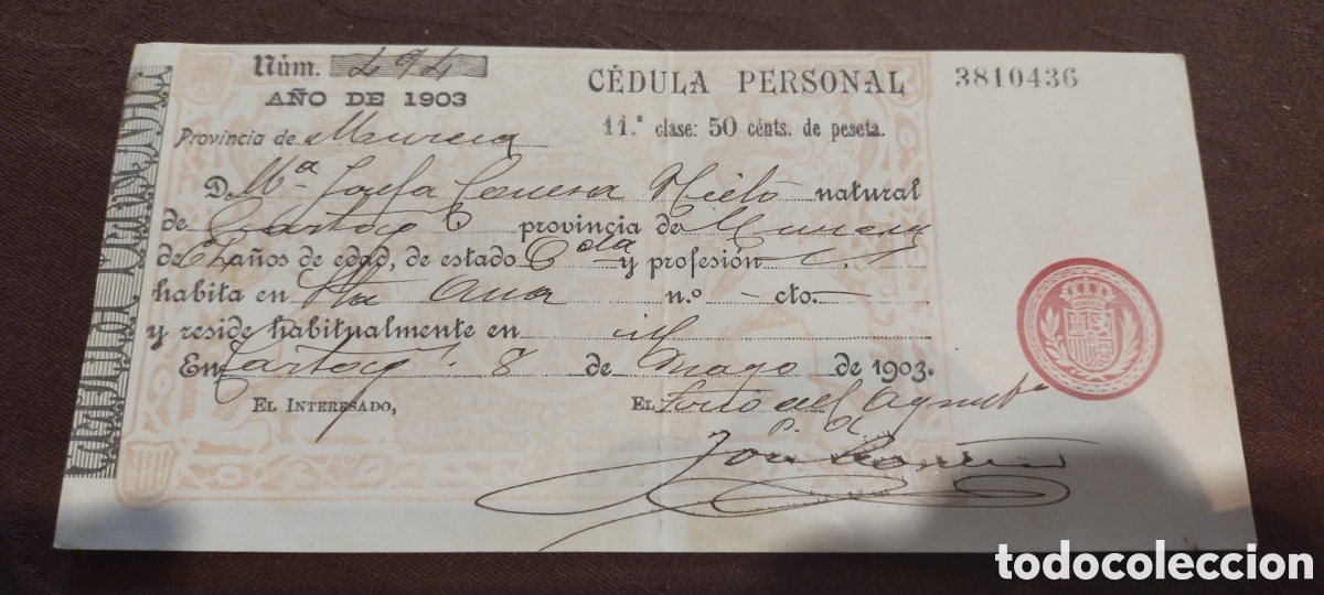Documentos antiguos: C&eacute;dula personal Murcia Cartagena 1903