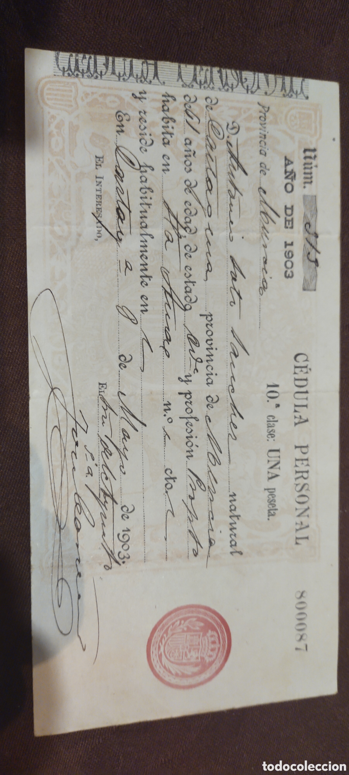 Documentos antiguos: C&eacute;dula personal Murcia Cartagena 1903