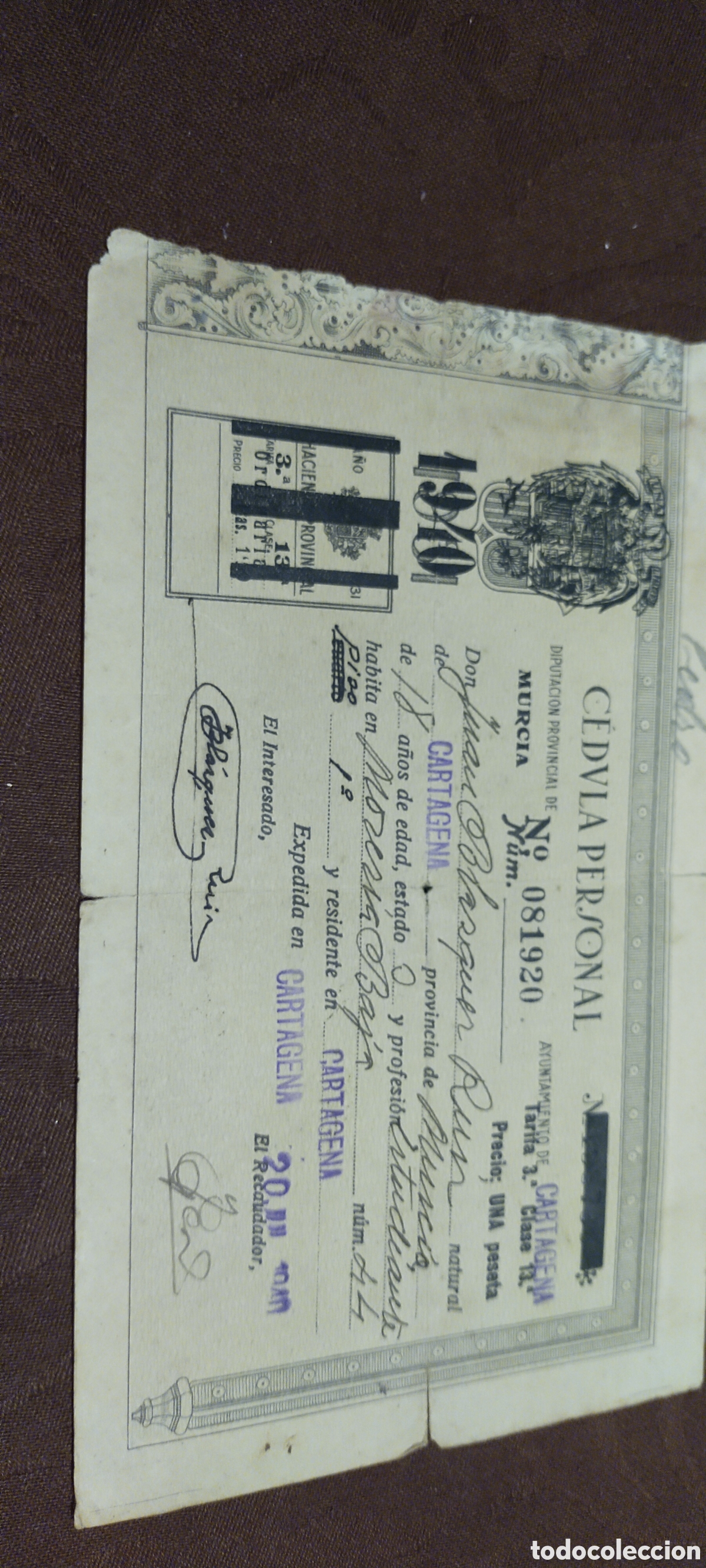 Documentos antiguos: C&eacute;dula personal Cartagena Murcia 1940
