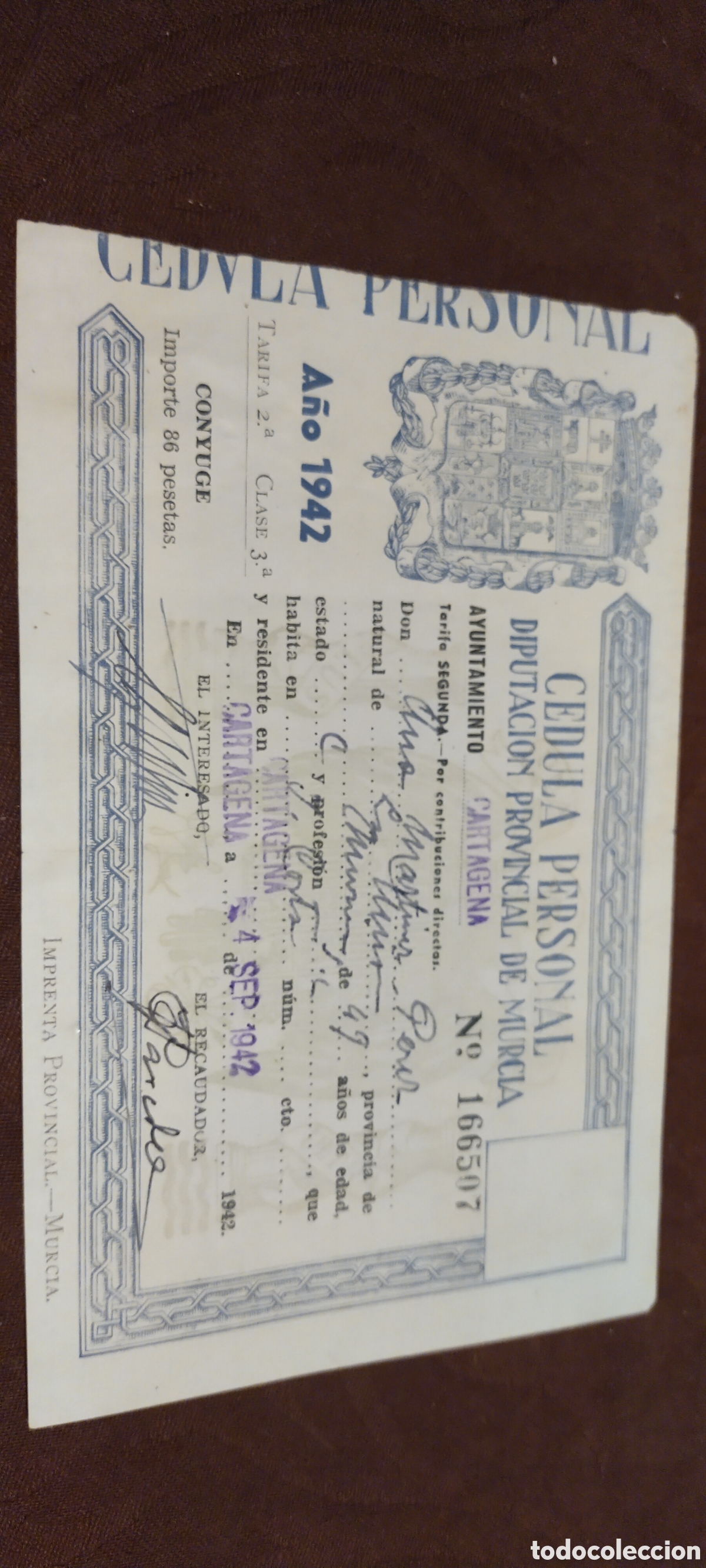 Documentos antiguos: C&eacute;dula personal Murcia Cartagena 1942 firmada y sello