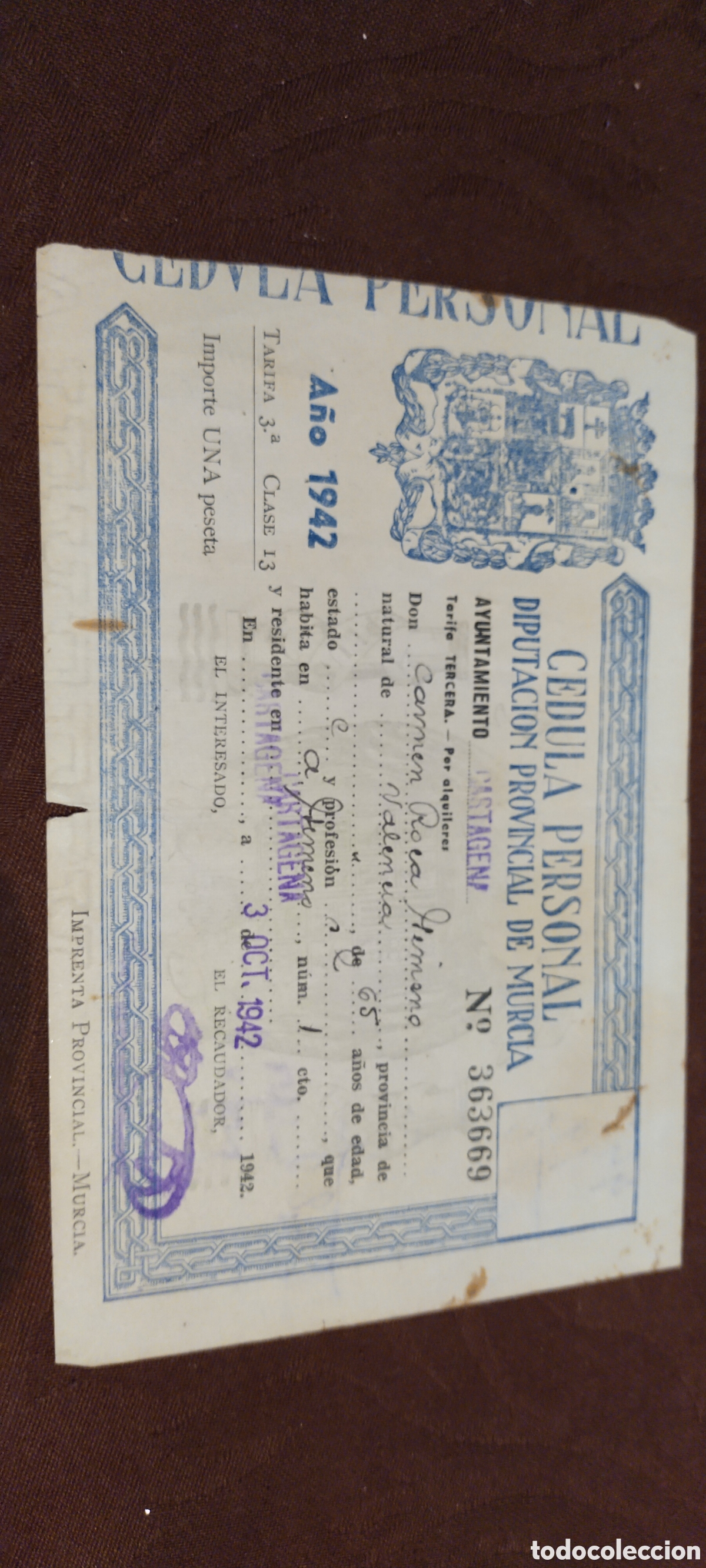 Documentos antiguos: C&eacute;dula personal 1942 Murcia Cartagena Valencia