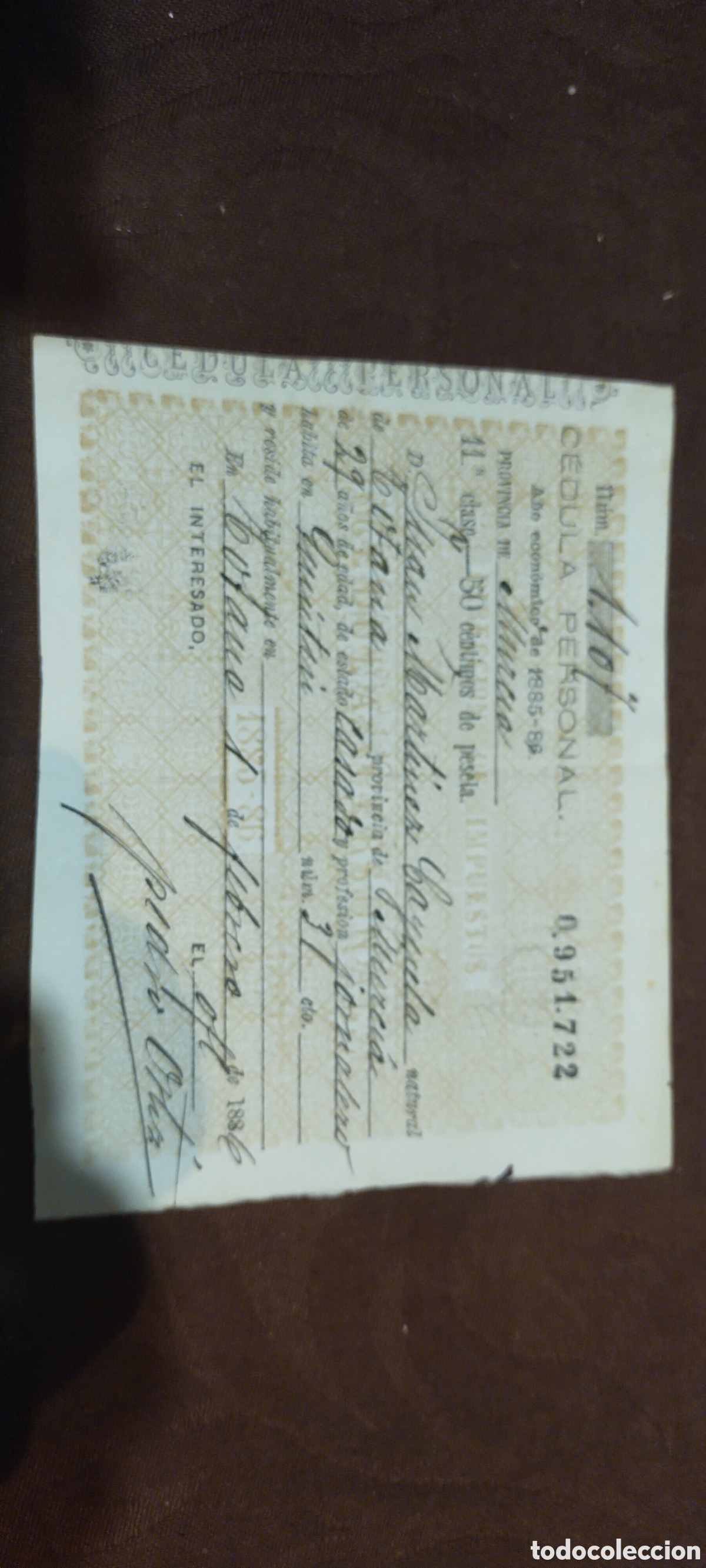Documentos antiguos: C&eacute;dula personal Totana Murcia 1885 - Foto 1