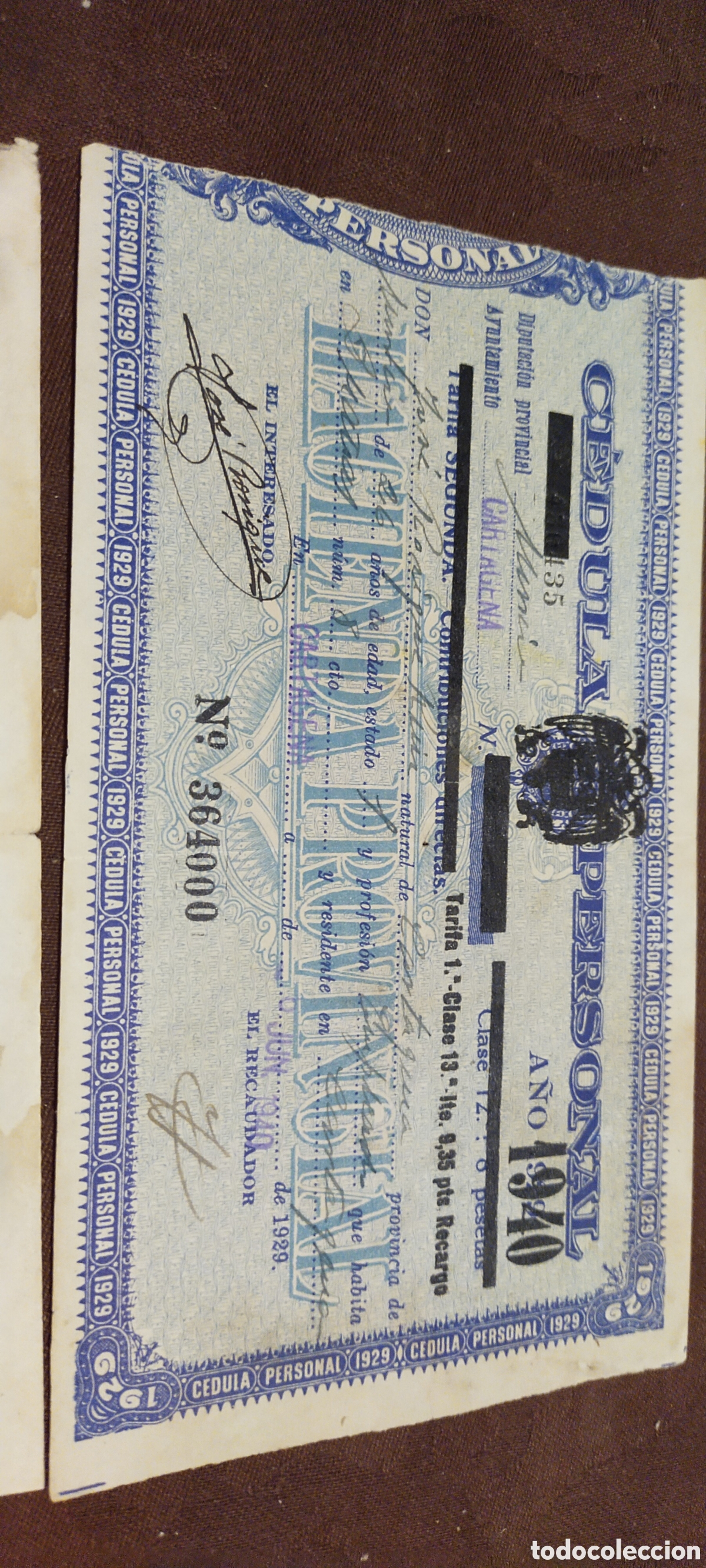 Documentos antiguos: C&eacute;dula personal Murcia Cartagena 1949 tabaco - Foto 2
