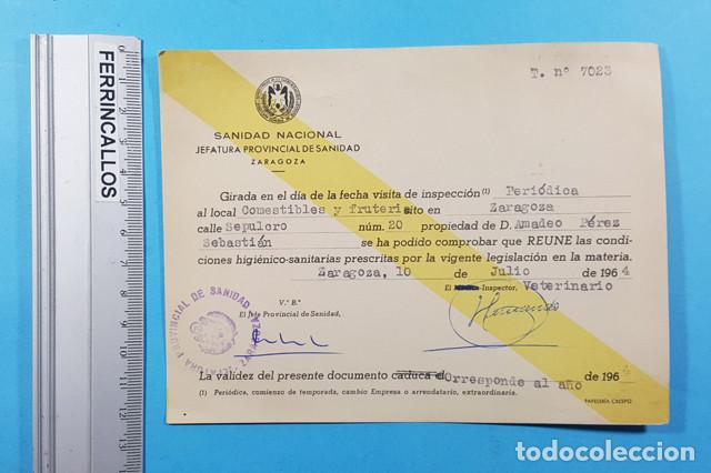Documents Anciens: INSPECCI&Oacute;N LOCAL COMESTIBLES Y FRUTER&Iacute;A JEFATURA PROVINCIAL PROVINCIAL SANIDAD ZARAGOZA 1964