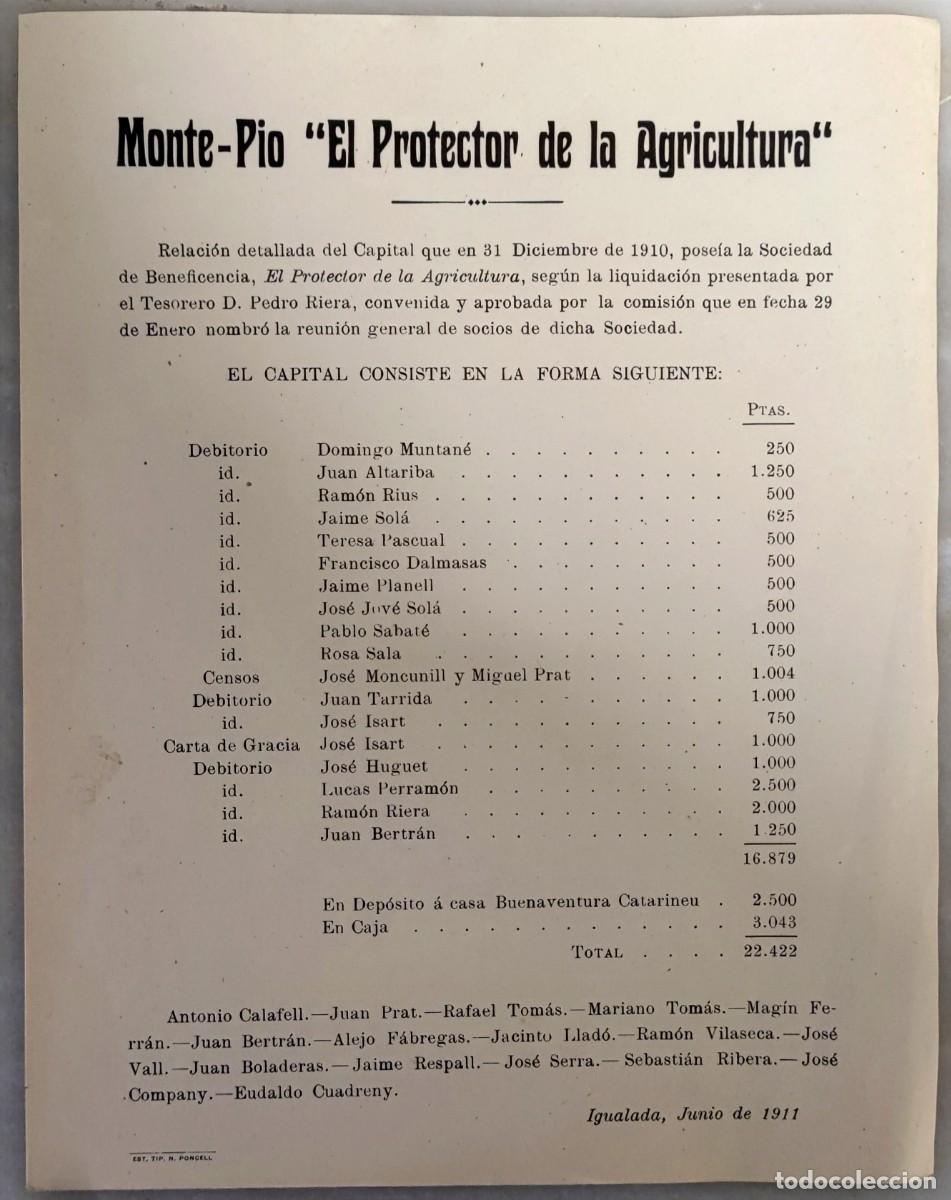 Documentos antiguos: IGUALADA / MONTE-PIO EL PROTECTOR DE LA AGRICULTURA- 1911 - Foto 1