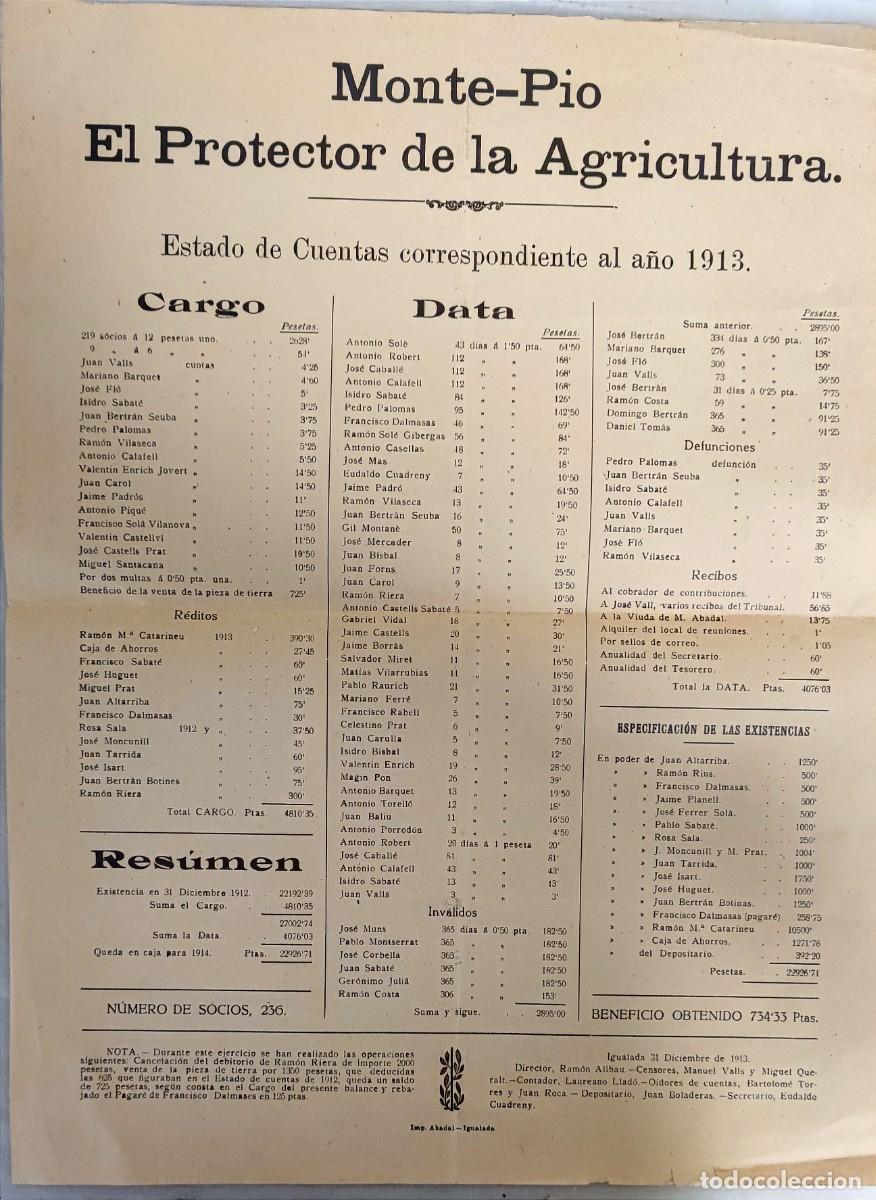 Documentos antiguos: IGUALADA / MONTE-PIO - EL PROTECTOR DE LA AGRICULTURA 1913 - Foto 1