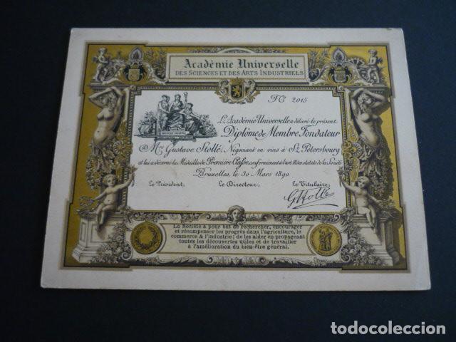 Old Documents: TARJETA PUBLICITARIA BRUSELAS 1890 ACADEMIA UNIVERSAL DE CIENCIAS Y ARTES INDUSTRIALES