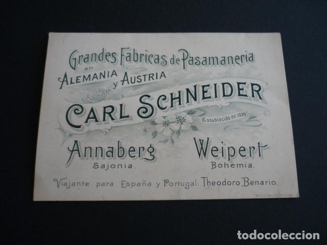Documentos antiguos: TARJETA PUBLICITARIA FABRICA DE PASAMANERIA SCHNEIDER ALEMANIA Y AUSTRIA