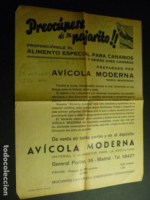 Documentos antiguos: AVICOLA MODERNA MADRID PREPARADO PARA CANARIOS CARTEL DE MANO