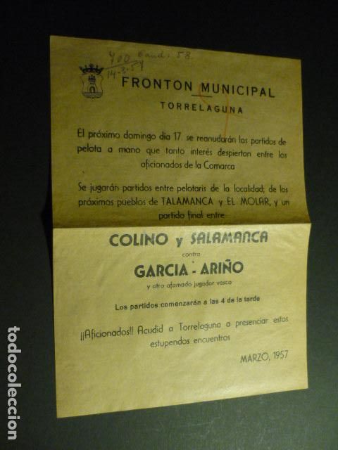 Documentos antiguos: TORRELAGUNA MADRID FRONTON TORNEO PELOTA PELOTARIS CARTEL DE MANO 1957