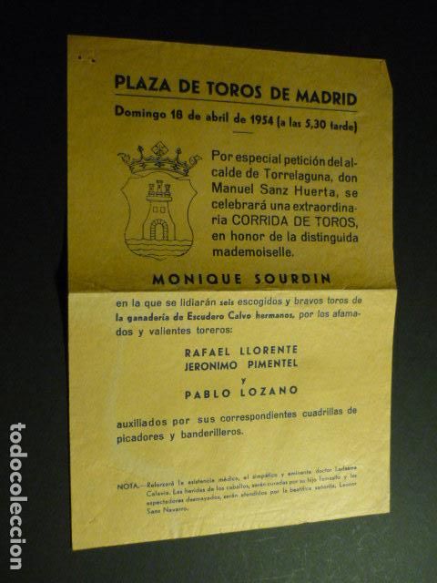 Documents Anciens: TORRELAGUNA MADRID CORRIDA DE TOROS EN MADRID 1954 CARTELITO DE MANO