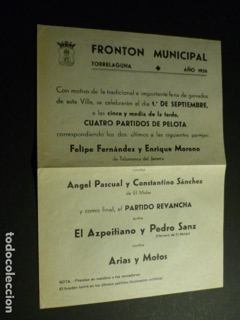 Documentos antiguos: TORRELAGUNA MADRID CARTELITO DE MANO FRONTON MUNICIPAL 1956 PARTIDOS DE PELOTA PELOTARIS