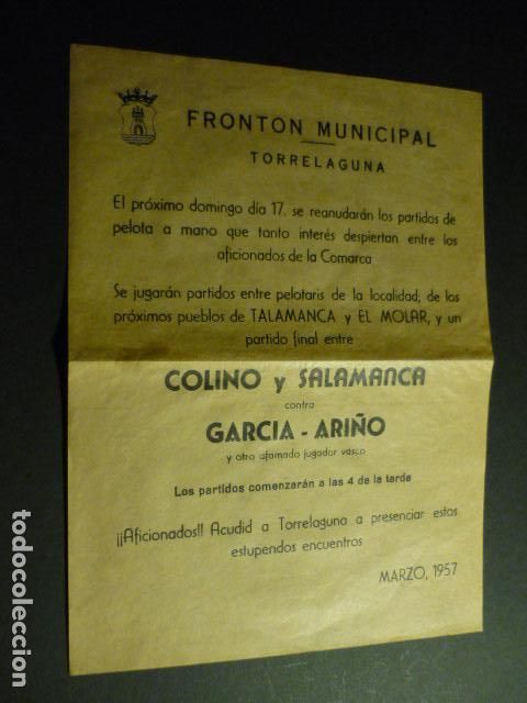 Documentos antiguos: TORRELAGUNA MADRID CARTELITO DE MANO FRONTON MUNICIPAL 1957 PARTIDOS DE PELOTA PELOTARIS