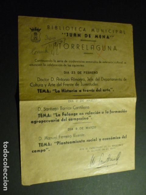 Documentos antiguos: TORRELAGUNA MADRID CARTELITO DE MANO BILIOTECA ACTOS FALANGE
