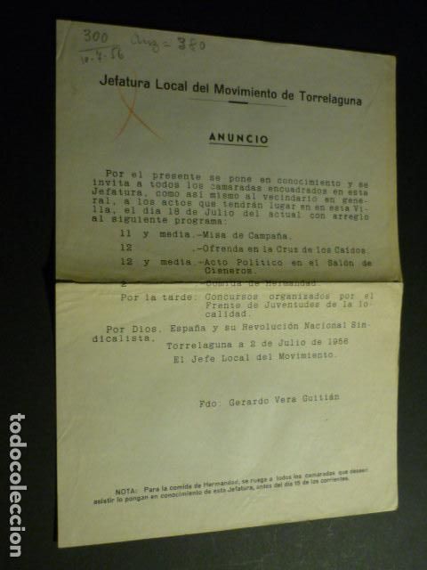 Documentos antiguos: TORRELAGUNA MADRID ANUNCIO ACTOS 18 DE JULIO FALANGE 1956