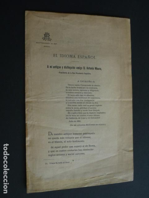 Documentos antiguos: ANTONIO MAURA EL IDIOMA ESPA&Ntilde;OL POEMA IMP. HELENICA MADRID 1919 LIBRILLO