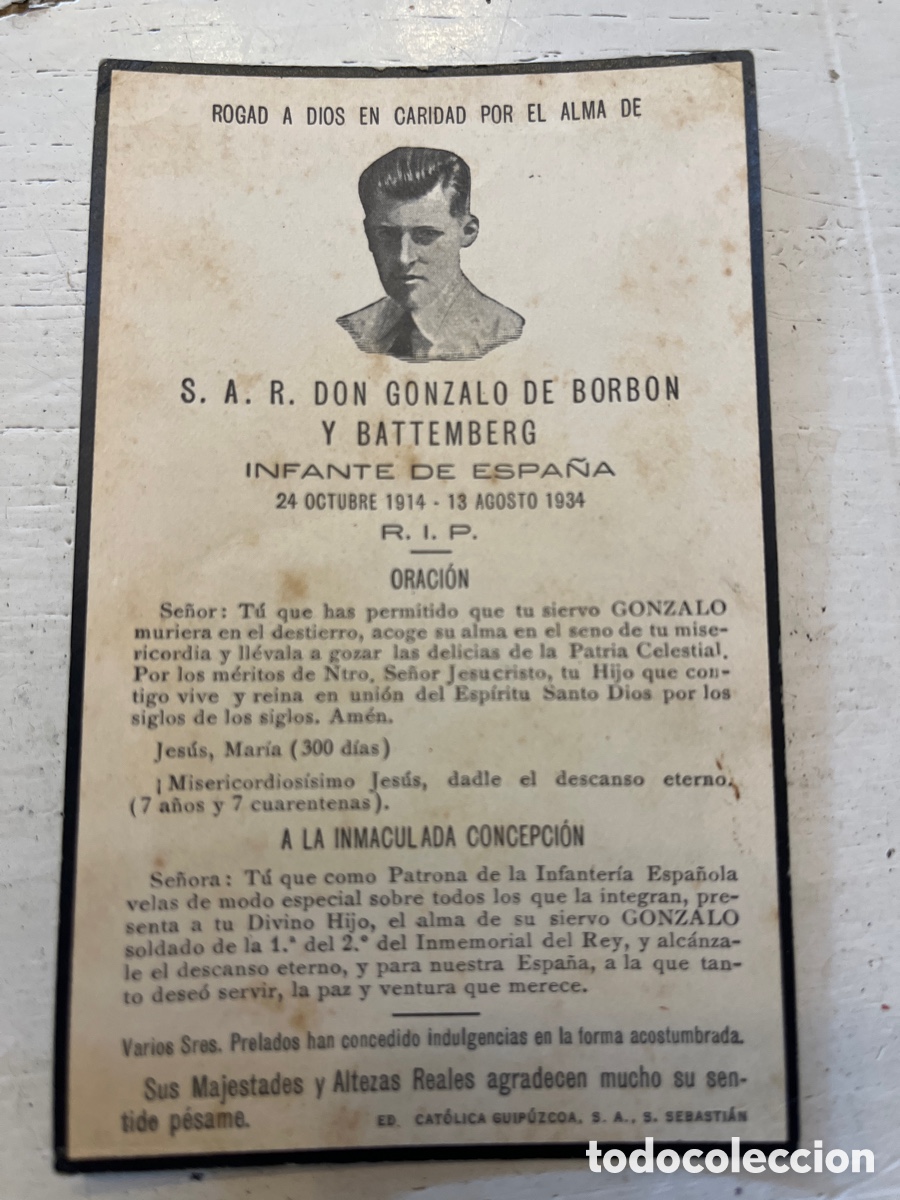 Documentos antiguos: I Esquela recordatorio muerte Don Gonzalo de Borb&oacute;n.