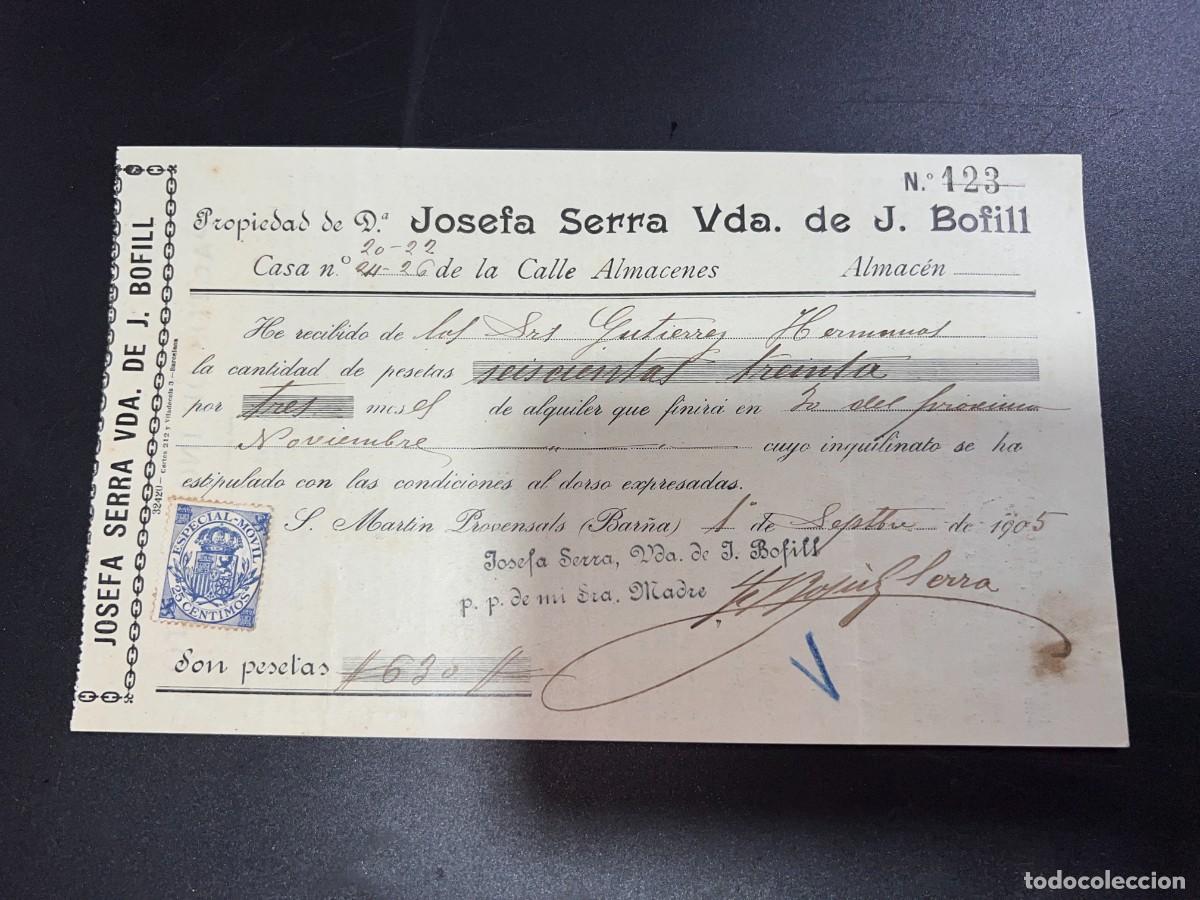Documentos antiguos: RECIB&Iacute;. JOSEFA SERRA VDA. DE J. BOFILL. SEVILLA, 1902. VER - Foto 1