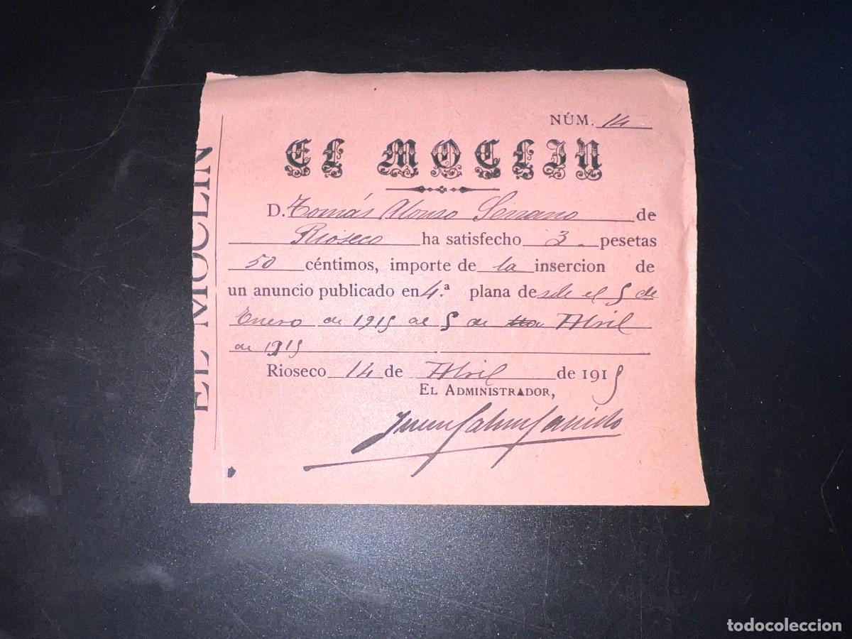 Documenti antichi: MEDINA DE RIOSECO, 1915. EL MOCLIN. RECIBO DE SUSCRIPCI&Oacute;N