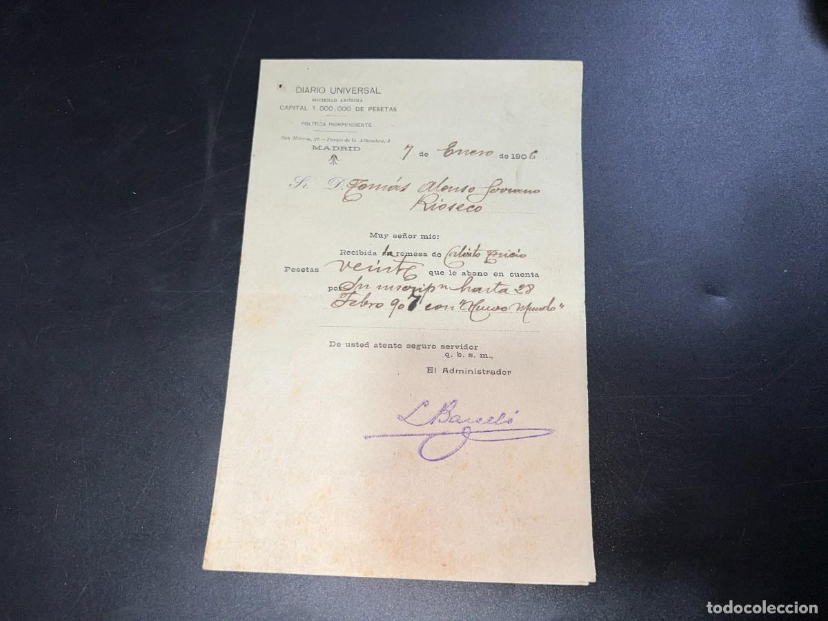 Documentos antiguos: MADRID, 1906. DIARIO UNIVERSAL. RECIB&Iacute; DE PAGO MENSUAL. - Foto 1