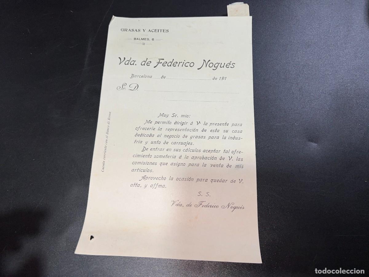 Documenti antichi: CIRCULAR. VDA. DE FEDERICO NOGU&Eacute;S. GRASAS Y ACEITES. BARCELONA, 191?