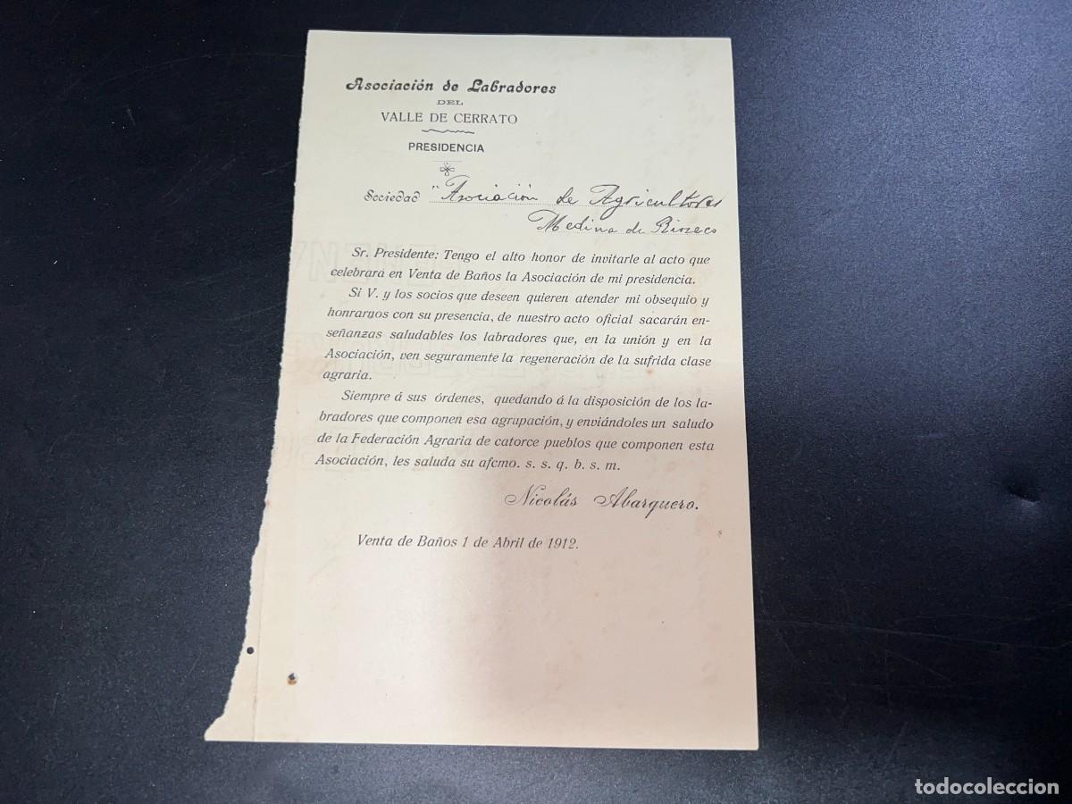 Documenti antichi: MEDINA DE RIOSECO, 1912. INVITACI&Oacute;N ACTO ASOCIACI&Oacute;N DE LABRADORES DEL VALLE DE CERRATO.