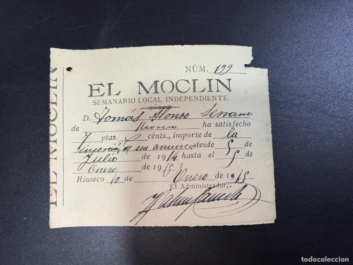Documenti antichi: MEDINA DE RIOSECO, 1915. EL MOCLIN. RECIBO DE SUSCRIPCI&Oacute;N SEMESTRAL