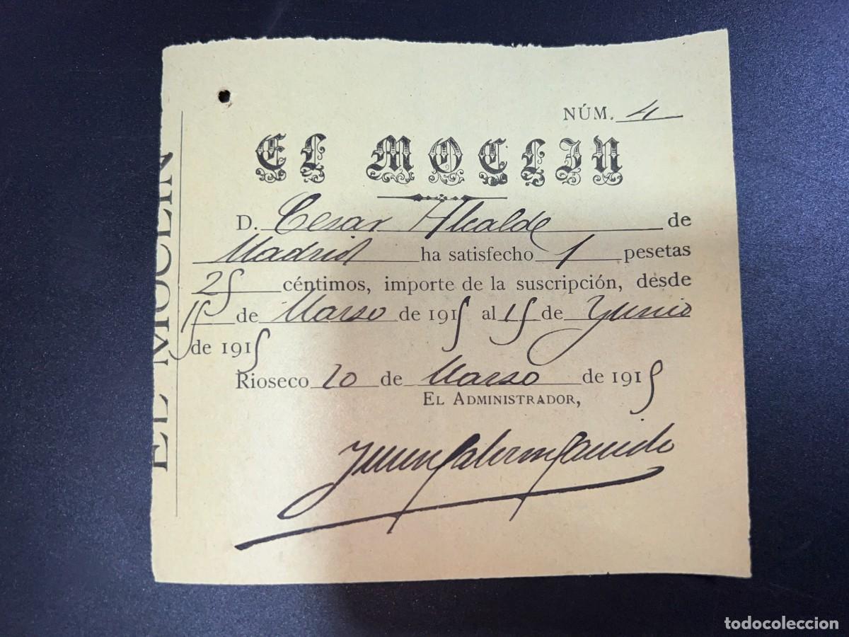 Documenti antichi: MEDINA DE RIOSECO, 1915. EL MOCLIN. RECIBO DE SUSCRIPCI&Oacute;N