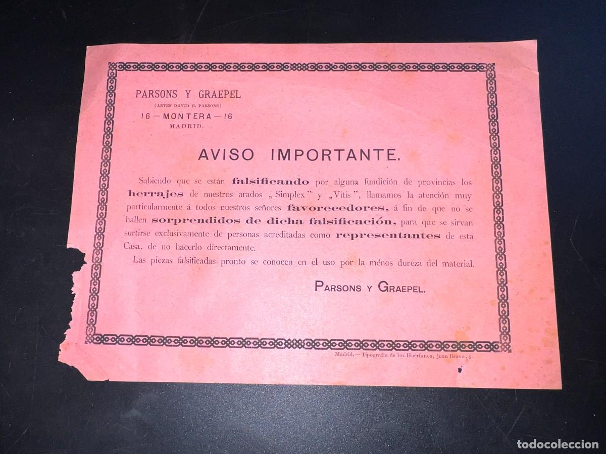 Documenti antichi: CIRCULAR. PARSONS Y GRAEPEL. AVISO DE FALSIFICACI&Oacute;N DE HERRAJES. MADRID.