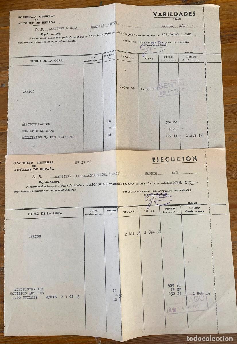 Documentos antigos: DOCUMENTOS DE LA RECAUDACION DE OBRA DE GEGRORIO MARTINEZ SIERRA, SOCIEDAD GENERAL DE AUTORES DE ESP