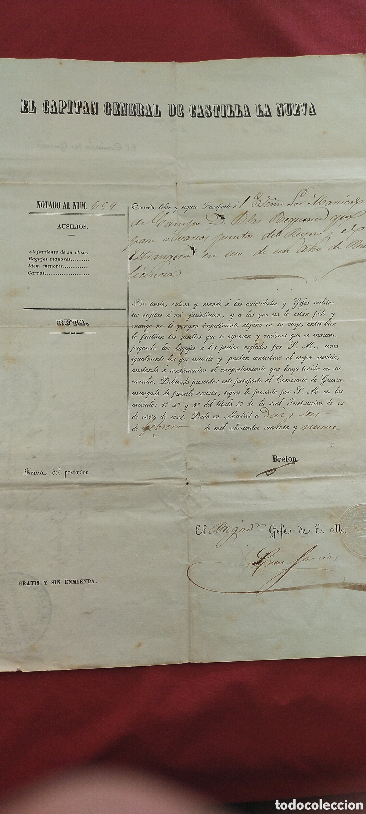 Documentos antiguos: El capit&aacute;n general de Castilla la Nueva otorga pasaporte 1849 - Foto 1